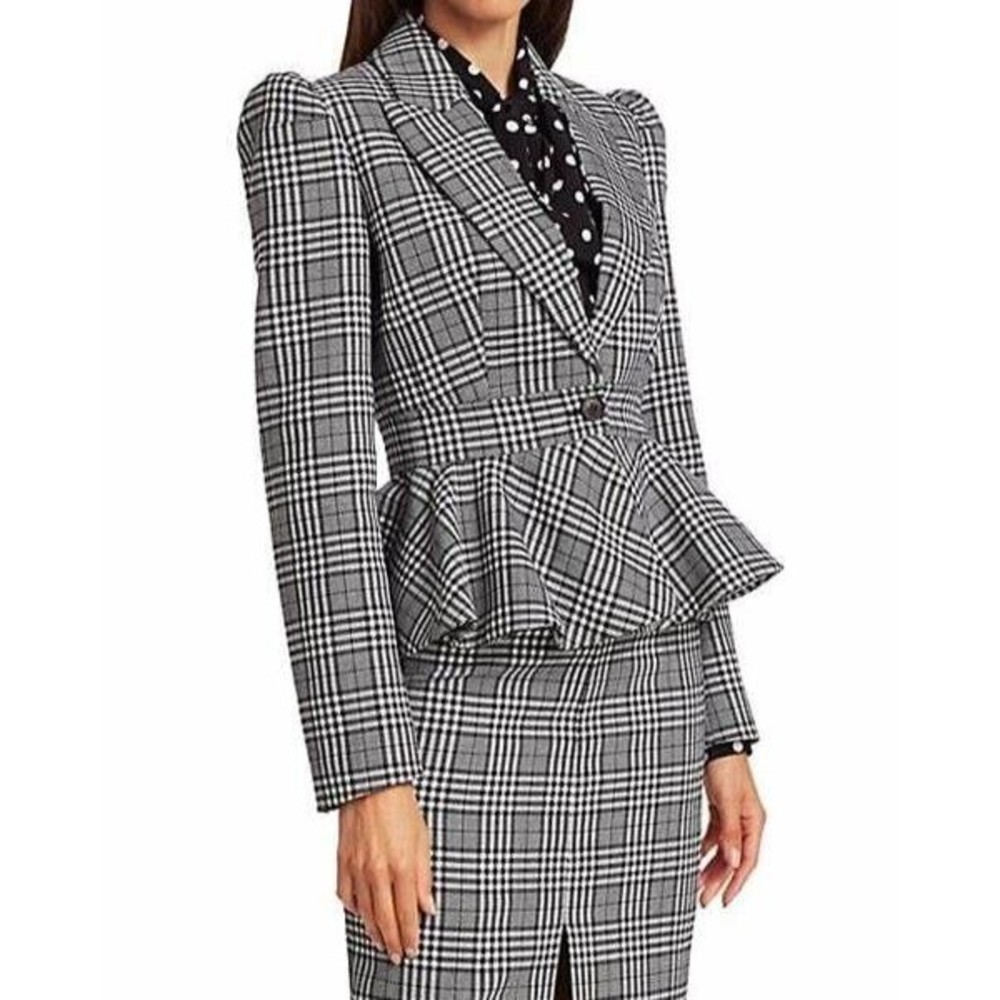 DESIGNER MICHAEL KORS COLLECTION GREY PLAID PRINT PEPLUM VIRGIN WOOL BLAZER 10.R